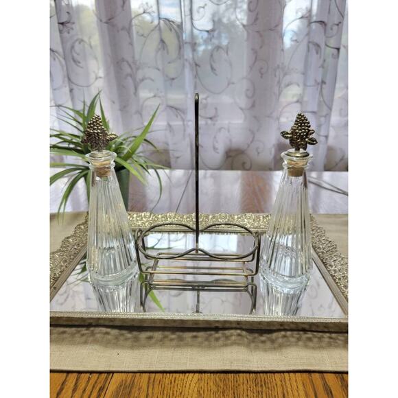 Vintage Mikasa Cruet Set, Oil & Vinegar, Grape Stopper, Silver Plate Holder - Picture 2 of 7